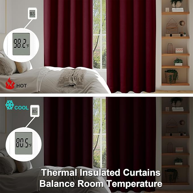 Simplebrand Ava Burgundy Short Blackout Curtains for Bedroom 45 Inches Long 2 Panels Set, Solid Thermal Insulated, Energy Saving Window Treatment Curtains Blackout Drapes, W40 x L45 Inch, Burgundy