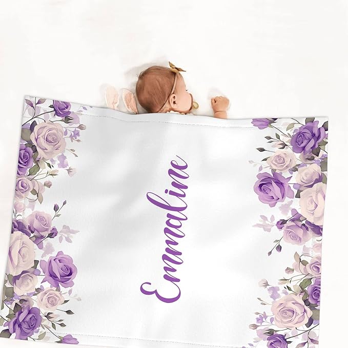 Personalized Baby Girl Crib Bedding Set – Custom Name Floral Purple 3-Piece Nursery Set with Soft Flannel Blanket, Fitted Sheet & Pillowcase – Infant & Toddler Bedding Gift