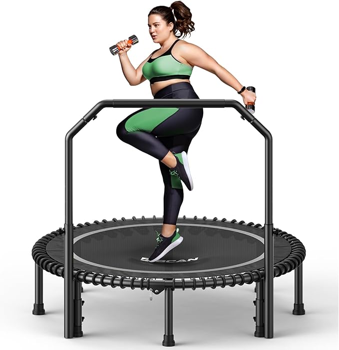BCAN 40"/48" Mini Rebounder Trampoline for Adults with Bar, 450/550LBS Fitness Trampoline with Bungees, Adjustable Handle, Stable & Quiet, Indoor Outdoor, Whole-Body Workout & Relaxation at Home