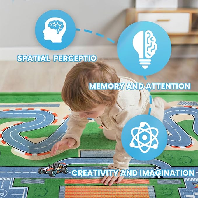 Kids Play Rug, 1.3" Thickened Knee Protection Playmat 39"×59" Car Mat for Track Racing Non-Slip Educational Activity Mat Toddler Rugs for Play Area