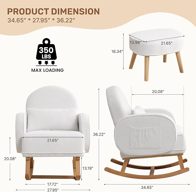 Rocking Chair Nursery with Ottoman, Upholstered Glider Rocker with High Backrest and Side Pocket, Rocking Accent Armchair with Solid Wood Legs for Nursery/Living Room/Bedroom White