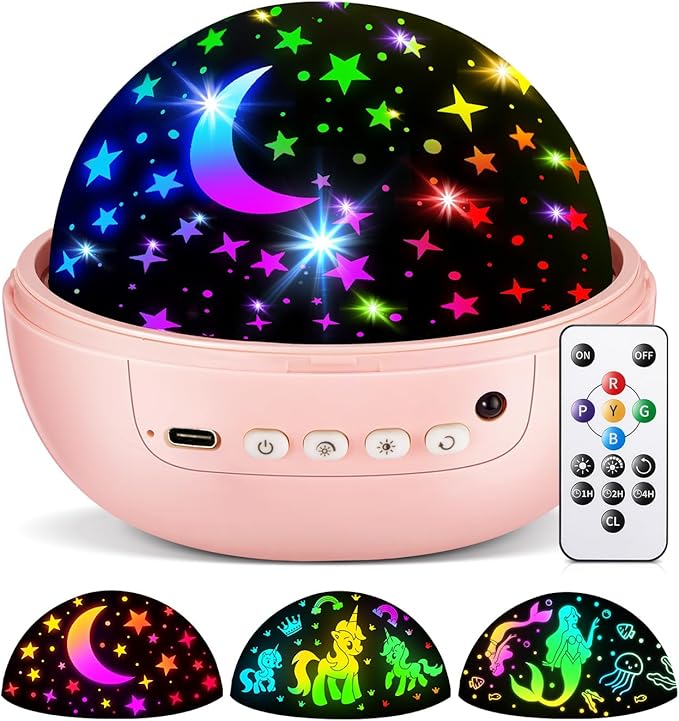 Unicorn Night Light for Girls, Unicorn Room Decor for Girls Bedroom, Star Projector, Remote+Dimmable Little Mermaid Toys, 360° Silent Rotation, Princess Night Light