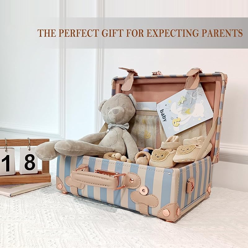 Unitravel Baby Keepsake Case, 13" Handmade Memory Storage Box, Newborn Keepsake Box, Vintage Suitcase for Baby Shower, Baptism, Naming Ceremony or Birthday (blue strip)