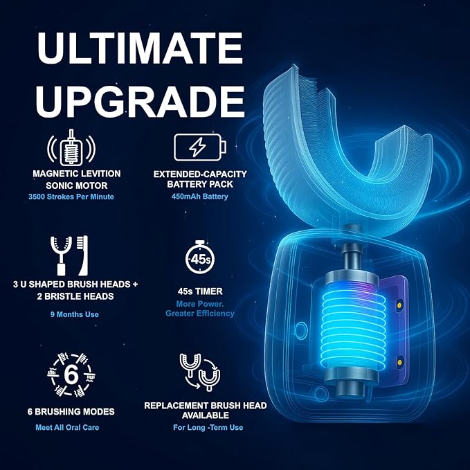 Kids Electric Toothbrush, U Shaped Toothbrush Kids Sonic Automatic Brush with Cup 5 Brush Head 6 Clean Modes IPX7 Waterproof Mermaid Design Rechargeable Smart Timer for Children 8-14