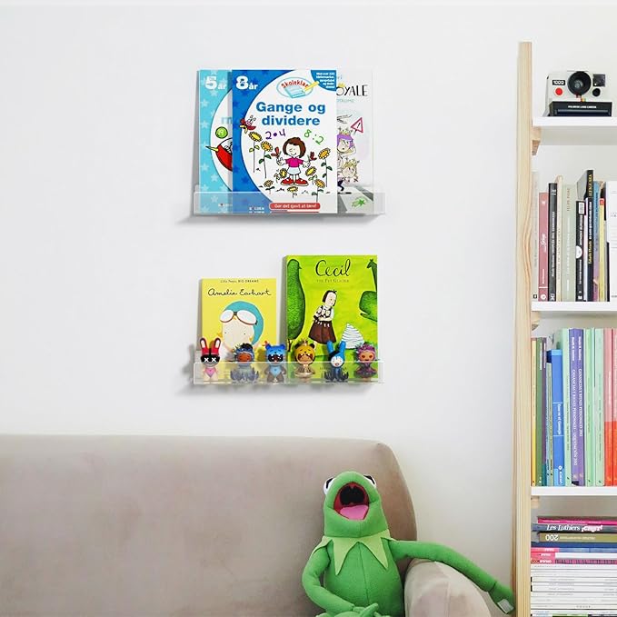 NIUBEE 16.5-Inch Acrylic Floating Bookshelves, 2-Pack, Clear Modern Wall Shelves for Child/Toddler， Invisible Ledge Book Shelves for Nursery/Kids Room/Playroom/Small Spaces.