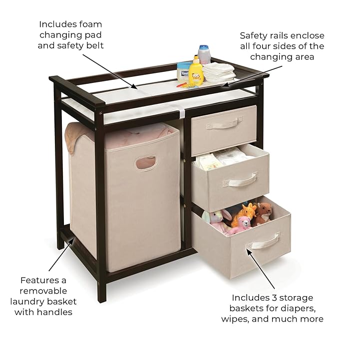 Badger Basket Modern Baby Changing Table with Laundry Hamper, 3 Storage Drawers and Pad, Diaper Change Station - Espresso/Ecru