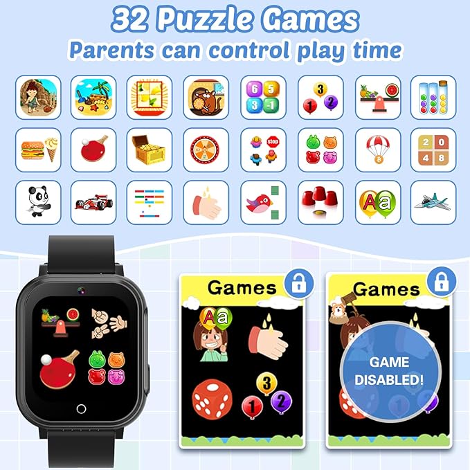 Waterproof Smart Watch for Kids with 32 Games Dual Camera Video Habit Tracking Music Player Pedometer Screen Protectors Lanyard, HD Touchscreen Kids Smart Watch Toy Birthday Gift for 3-12 Year Old