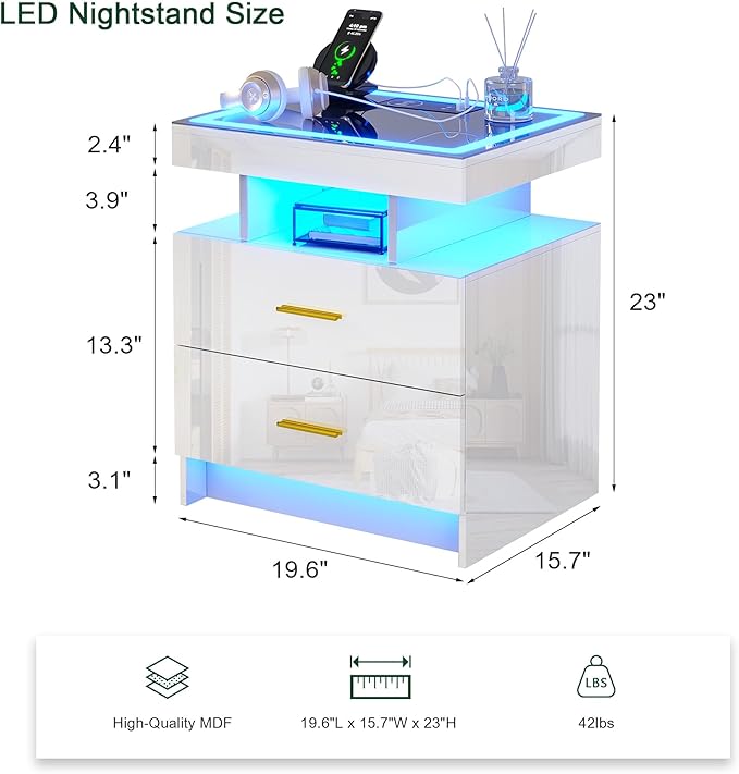 HNEBC Auto LED Nightstand Set of 2, High Gloss Bedside Table has 2 Drawers - Image 3