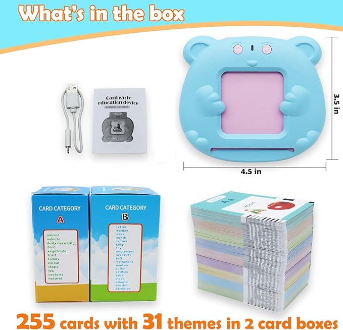 Spanish & English 510 Words Alphabet Bilingual Talking Flash Cards for 3-8 Years Toddlers, Pocket Speech Buddy Therapy Autism Toys, Educational Learning Interactive Toy for Boys Girls Kids Gifts Blue