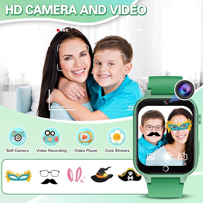 Vakzovy Kids Smart Watch for Boys with 26 Games, HD Touchscreen Camera Music Player Flashlight Pedometer Audiobook, Birthday Gifts Toy for Girls Age 6-12 Kids Smartwatch with Screen Protector Green