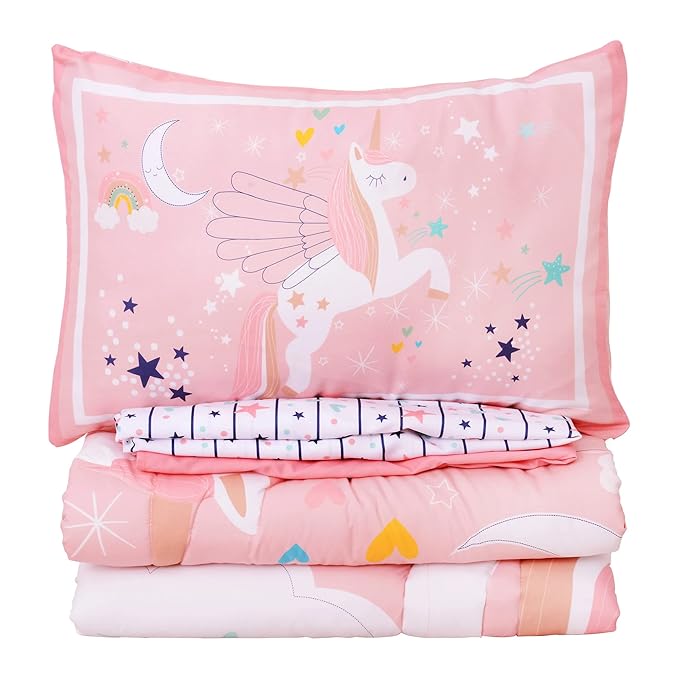 Cloele Pink Crib Bedding Set for Girls- 4 Piece Unicorns Baby Comforter Bed Set Includes Crib Skirt Quilt Fitted Sheet Toddler Pillowcase - Pink Soft Nursery Baby Bedding Set for Girls