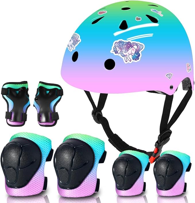 Adjustable Kids Bike Helmet with Knee & Elbow Pads Set, Color Gradient Design for Boys and Girls Aged 3-14+, for Skateboarding, Scooter, Roller & Inline Skating, Longboard