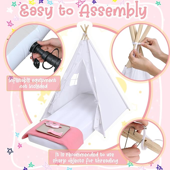 Windyun 4 Pack Kids Teepee Tent for Slumber Party with Mattress and Lights, Sleepover Tents for Girls Boys Indoor Outdoor Cotton Teepee for Kids with Airbed Tray Blanket Birthday Party Supplies(White)