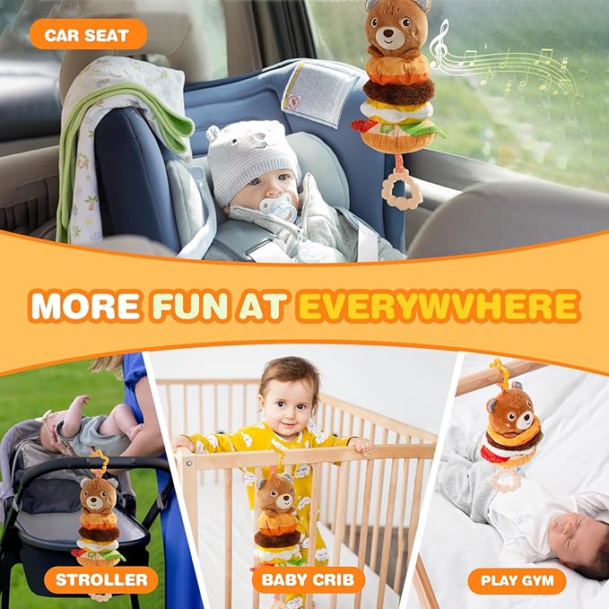 Jollybaby Baby Musical Pull String Hanging Toys for Stroller Car Seat Crib Play Gym, Plush Stuffed Hamburg Bear Toy for Carseat with Music Teether Crinkle, Sensory Toy for 0-6-12-18 Months Baby Gifts