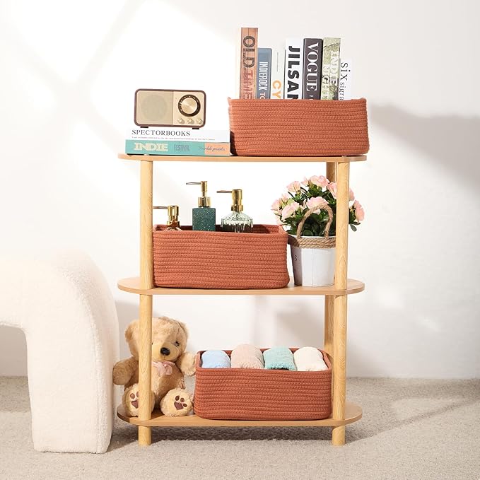Small Storage Baskets for Organizing | Closet Organizer Bins | Shelf Toy Basket | Woven Rope Baskets | Cube Decorative Box | Shallow Basket | 13x8.5x5.1” | 4 Packs Oxide Red