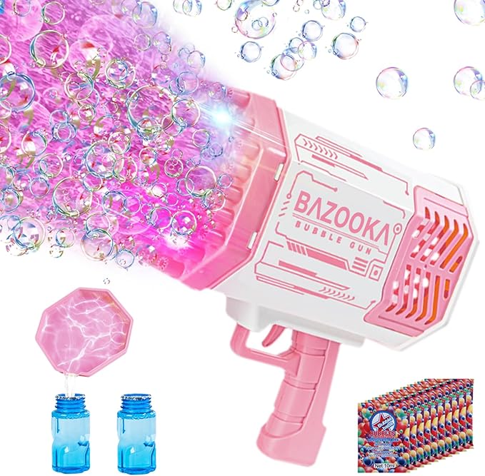 Bubble Gun, Bazooka Bubble Machine Gun, Bubble Blaster Gun with Bubble Solution, 69 Holes Bubble Bazooka Gun Outdoor Summer Toy Party Favors for Kids Pink Bubble Maker Blowers