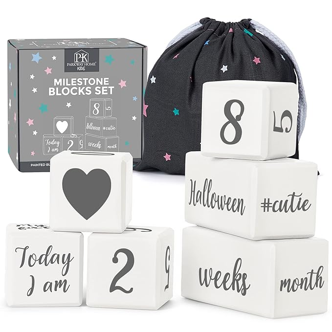 White Baby Monthly Milestone Blocks with Bag. Baby Age Blocks for Girl or Boy Baby Photo Props and Baby Shower. Month Baby Milestone Blocks with Grammatically Correct Month and Year