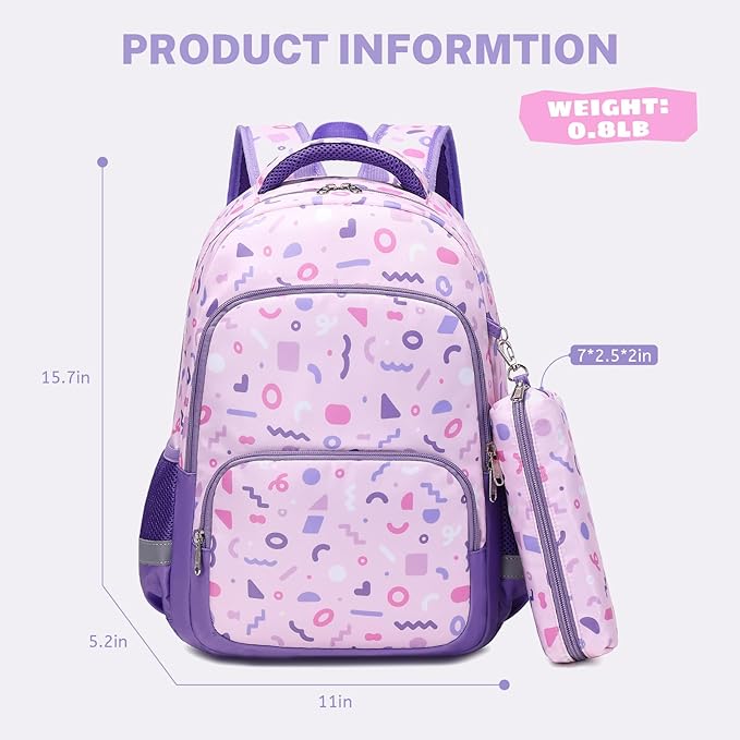 mygreen 3PCS Kids Backpack Set - Waterproof Bookbag with Lunch Box for Girls Ages 3-12, Adorable Cartoon Prints for School & Outdoor Use Light Pink Mermaid