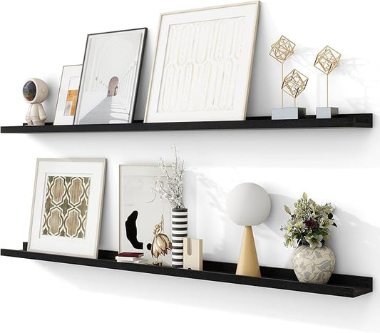 Solid Ash Wood Picture Ledge Shelf, Floating Shelves Set of 2, 56 Inch Long Large Ledge Shelves, Nursery Book Shelves Wall Mounted for Living Room Bedroom Kitchen Decor Kids Bookshelf, Black