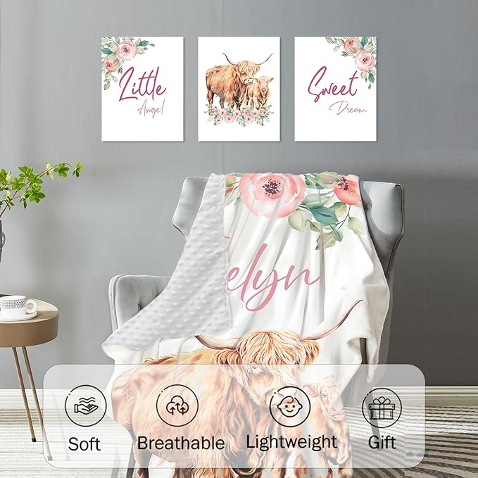 Personalized Nursery Crib Bedding Set: Custom Name Floral 5 Piece Baby Crib Sets with Highland Cow Design - Toddler Double Layer Blanket Set, Comfortable Crib Bed Sheets for Baby Grils