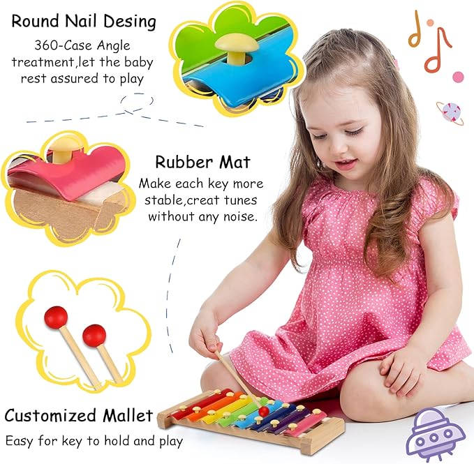 LOOIKOOS Xylophone for Kids Wood Xylophone with 2 Mallets Educational& Preschool Learning Baby Percussion Wooden Musical Instruments Toys for Boys and Girls