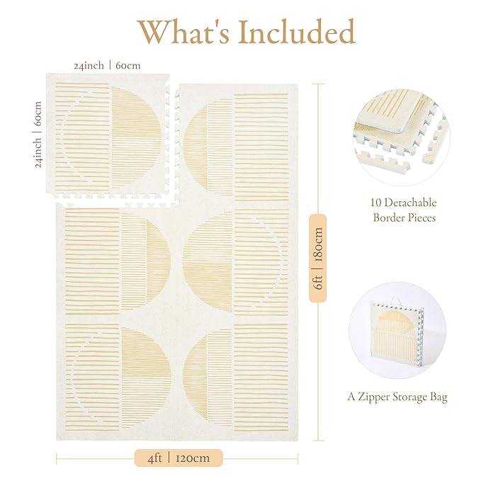 PopsyKosy Premium Exercise & Baby Foam Play Mats - Stylish & Large Non-Toxic Odorless Floor Mat - 6 Tiles - Spacious 6ft x 4ft - Peel-Resistant Reinforced, Soft Thick, Waterproof - Ecru Linen