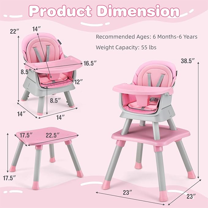 HONEY JOY 8 in 1 Baby High Chair, Convertible Highchair for Babies and Toddlers/Table and Chair Set/Building Block Table/Booster Seat/Stool/Toddler Chair with Safety Harness (Pink)