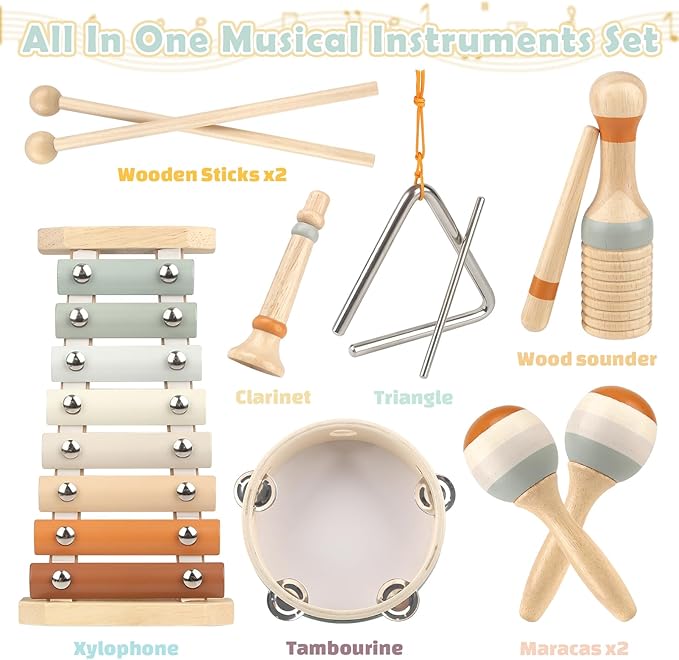 Vanplay Montessori Toys - 6 in 1 Wooden Musical Instruments for Toddlers 1-3, Infant Music Toy for Babies with Boho Xylophone for Boy & Girls Easter Birthday Gifts for 1-2