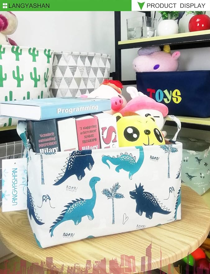 LANGYASHAN Rectangular Storage Bin Collapse Canvas Fabric Cartoon Storage Basket with Handles for Organizing Home Kitchen Boys and Girls Toys Office Closet Shelf Baskets (Rec green dinosaur)