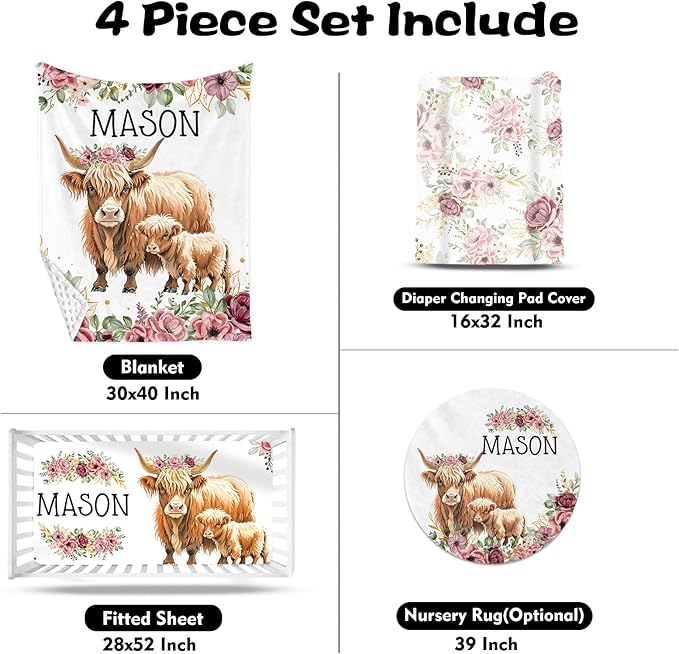 Custom Nursery Crib Bedding Set: Personalized Name 4 Piece Flower Highland Cow Design Baby Crib Sets for Baby Girls - Toddler Double Layer Blanket Set, Comfortable Crib Bed Sheets for Baby Toddlers