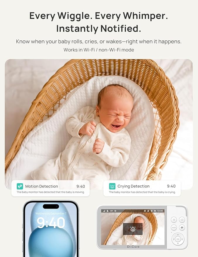 VistaView Smart WiFi Baby Monitor - 5” 1080P Split Screen & 2K Camera App Control, Cry & Motion Alerts, HD Night Vision, 5000mAh Battery, 2-Way Talk, Multi-User, Triple Security, 1279ft Range