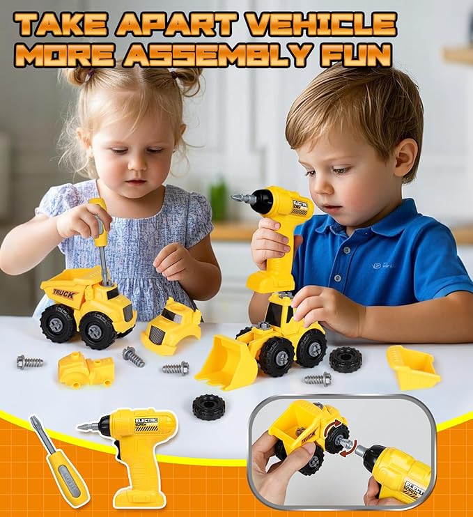 Lehoo Castle Kids Tool Bench with Electric Drill and Construction Vehicles, 2-in-1 Workbench and Toolbox for Toddlers, STEM Learning Toys for Age 3-5, Birthday Gift for Boys & Girls