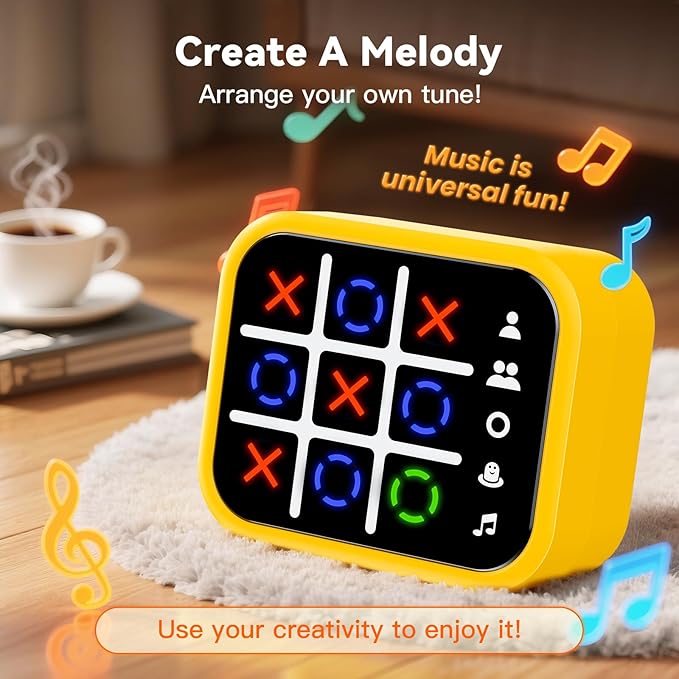 Rechargeable Tic Tac Toe Game Box with 5 Fun Brain Memory Games, Electronic Touchscreen Handheld Game, Portable Digital Puzzle Board Travel Toy, Gifts Choice for Kids and Adults(Yellow)