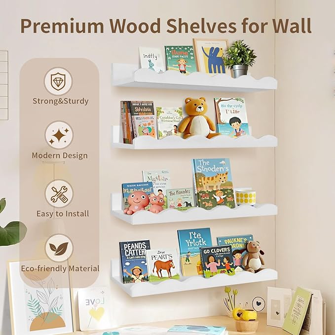 Nursery Book Shelves, 4 Pack White Floating Shelves for Wall, Wood Scalloped Shelves for Storage Books, Wall Book Shelf for Kids Rooms, Bedroom, Toddler Room, Baby Room, Nursery Decor