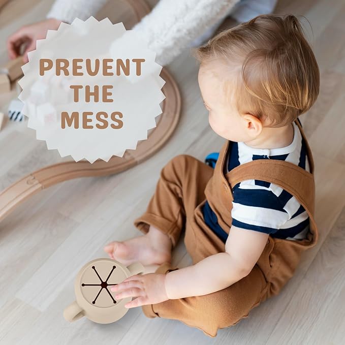 Snack Containers, Silicone Snack Cups for 6-12 Months Toddlers - Pack of 2 Food Grade Silicone Snack Cups with Grip Handle for Baby Led Weaning, Unbreakable (Sand/Natural)