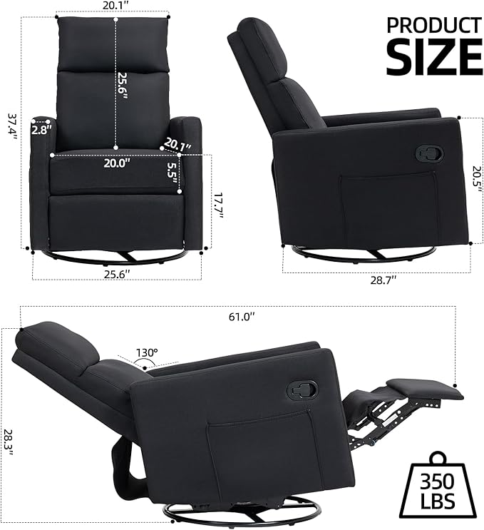 Swivel Rocker Recliner Chair, Upholstered Fabric Nursery Rocking Glider Chair with Adjustable Backrest and Footrest, Lay Flat Recliner Single Lazy Sofa for Living Room, Black