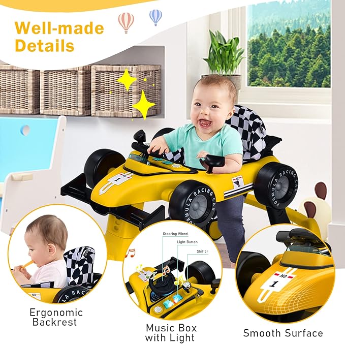 BABY JOY 4-in-1 Baby Walker, Foldable Activity Walker with Adjustable Height & Speed, Music, Lights, Anti-Rollover, Toddler Push Walker, Baby Walker with Wheels for Boys Girls 6-18 Months (Yellow)