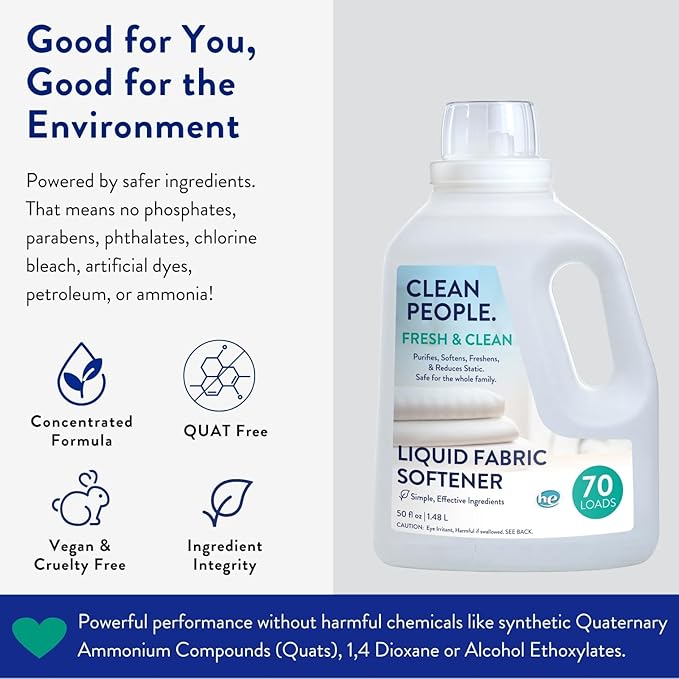 The Clean People Liquid Fabric Softener - Softens & Removes Static Cling - Vegan (50 Fl Oz, Fresh & Clean)