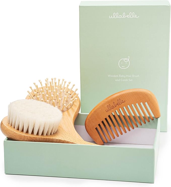3 Piece Wooden Baby Hair Brush and Comb Set for Newborns & Toddlers in Chic Gift Box - Ultra Soft Natural Goat Hair and Wood Baby Brush Set Prevents Cradle Cap - Perfect Registry Gift (Sage)