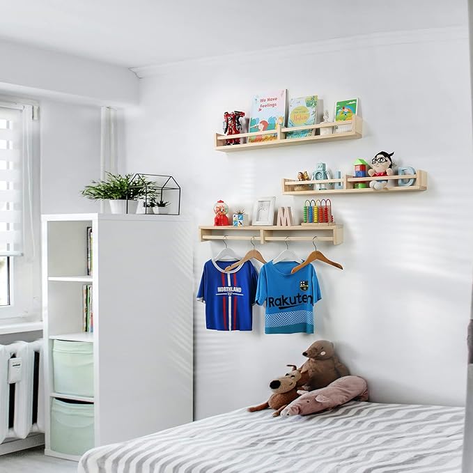 Nursery Bookshelves Wall Mounted，32inch，Set of 3, Wood Floating Wall Bookshelf for Kids,Natural Wood Color,Hanging Shelf for Baby Nursery Room Decor, Pine