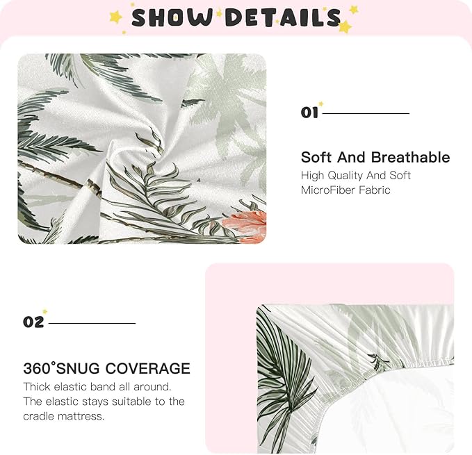 Tropical Vintage Palm Trees Crib Sheets for Boys and Girls, Fitted Baby Crib Sheets Soft and Breathable Mini Crib Sheets 39 X 27 X 5 Inches