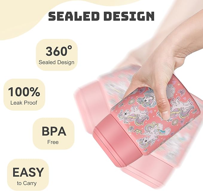 Soup Thermo for Hot Food Kids 16oz Insulated Food Jar Leakproof Thermo Lunch Container for Kids Wide-Mouth Stainless Steel Lunch Box for School with Handle Folding Spoon(3+)