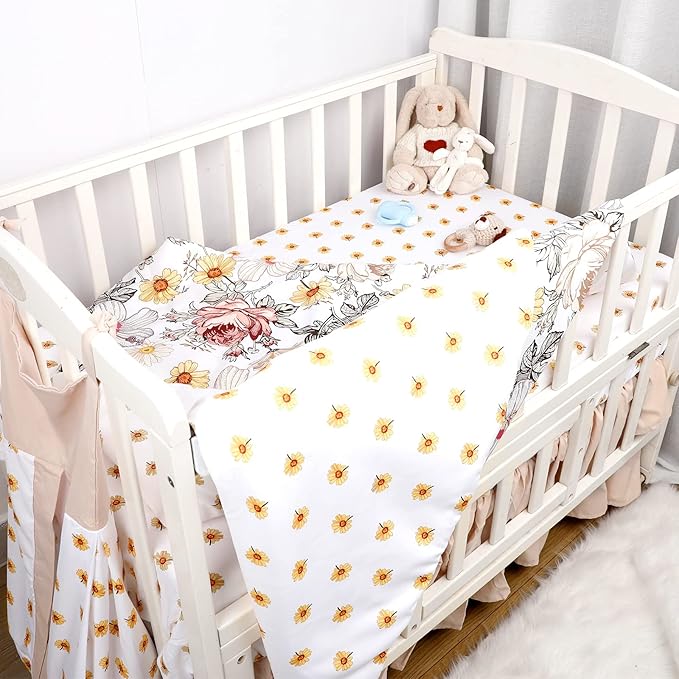 4-Piece Crib Bedding Set for Girls, Boho Baby Girl Bedding Set with Crib Skirt, Baby Quilt, Crib Sheet and Diaper Stacker, Flower