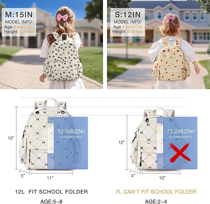 STEAMEDBUN Corduroy Kids Backpack for Girls and Boys 5-8: Girls Backpack for Elementary Kindergarten - 15 inch Cute Backpacks for Kids - Bow