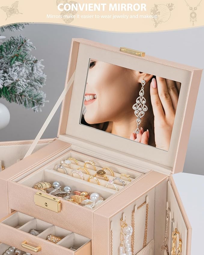 AKOZLIN 4-Tier Jewelry Box Leather Jewelry Storage Organizer with 3 Drawers Lockable for Women Girls Ring Necklace Earring Bracelet Holder with Mirror Champagne
