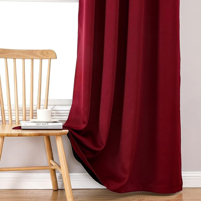 ChrisDowa 100% Blackout Curtains 63 inch Long for Bedroom with Black Liner, 2 Thick Layers Total Blackout Thermal Insulated Grommet Window Curtains 2 Panels Set (Burgundy, 38 x 63 Inch)