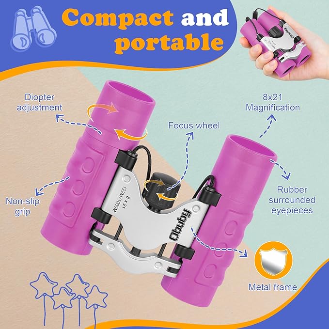 Obuby Real Binoculars for Kids Gifts for 3-12 Years Boys Girls 8x21 High-Resolution Optics Compact Toy Binocular for Bird Watching,Travel, Camping