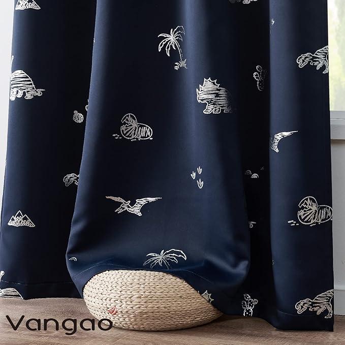 Vangao Kids Curtains Navy Blue Blackout Dinosaur Curtains for Boys Kids Nursery Girls Room Silver Dino Foil Print Thermal Insulated Drapes Grommet Top Window Treatments 63 Inches Length 2 Panels