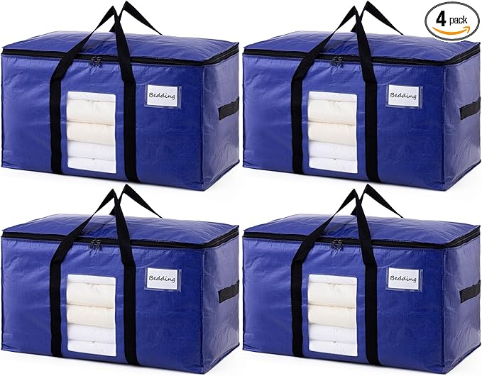 TAILI 4 Pack Dark Blue Extra Large Moving Bags, Heavy Duty Totes with Visible Window, Wrap Around Handles, Great for Storage