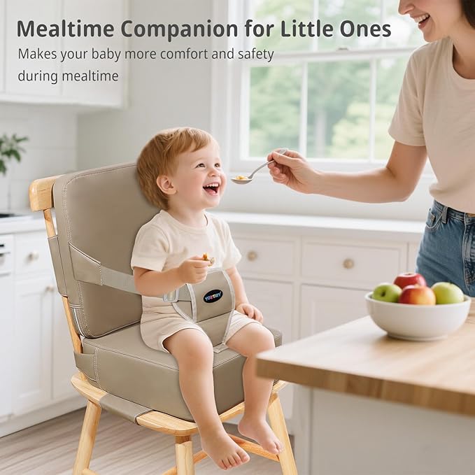 Toddler Booster Seat for Kitchen Chair, 2-in-1 Dining Table Booster Seat with Backrest & Adjustable Straps – Easy-Clean, PU Portable Toddler Eating Travel Increasing Cushion - Dark Coffee